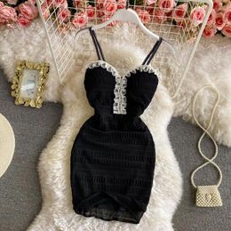 Casual Dresses Women Dress V-Neck Sheath Solid Lace Beading Spaghetti Strap Slim Mini Party Club Black Slip