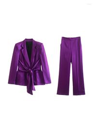 Women's Two Piece Pants Suits For Women 2023 Waist Tie Blazer And High Trousers Set Office Lady Elegant Vintage Satin Sets Womens Outfits