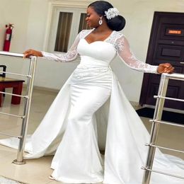 2021 Plus Size Arabic Aso Ebi Lace Beaded Mermaid Wedding Gowns Long Sleeves Satin Sweep Train Bridal Dresses ZJ404210E