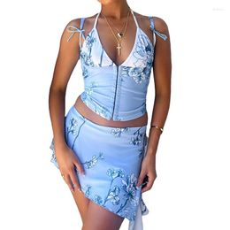 Work Dresses Women Two Piece Skirt Sets Summer Clothes 2023 Outfits Sleeveless Halter Floral Tops Mini Split Set Sexy Club Streetwear