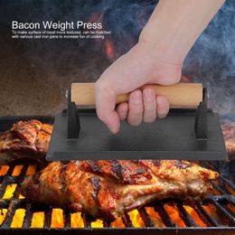 BBQ Tools Accessories Cast Iron Meat Pressure Plate Teppanyaki Plate for BBQ Steak Press with Wooden Handle Grill Fried Barbecue Household Outdoor 230617