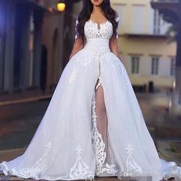 Elegant Wedding Dresses with Overskirt Off the Shoulder Long Sleeve Lace Bridal Gowns with Detachable Train279R