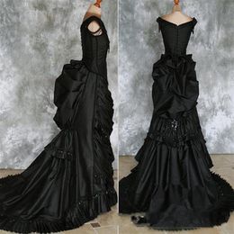 Taffeta Beaded Gothic Victorian Bustle Gown with Train Vampire Ball Masquerade Halloween Black Wedding Dress Steampunk Goth 19th c228Y
