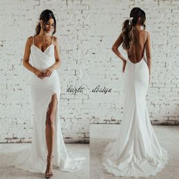 Simple Desigin Katie May Beach Mermaid Wedding Dresses with Slit Full Lace Spaghetti Backless Holiday Garden Bridal Dress Cheap292O