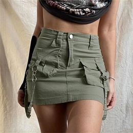 Skirts Y2K Vintage Mini Cargo Pockets Chic Streetwear Sexy Denim Bottoms Harajuku Bodycon Women Green 2023