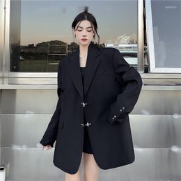 Women's Suits Fashion Black Blazer Metal Button Shoulder Pad Suit Jacket Women's Coat Autumn Vintage Blazers Outerwear Spring Cool Y2k