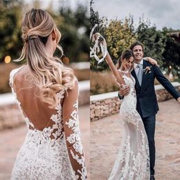 Mermaid Open Back Boho Wedding Dresses 2019 Long Sleeves Lace Garden Country Church Bride Bridal Gowns Custom Made Plus Size306i