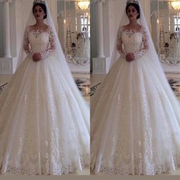 2019 Arabic Glamorous Bateau Long Sleeves Princess Wedding Dress Long Custom Made Full Lace Princess Bridal Gowns Sweep Train296Y