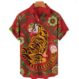 Men's Casual Shirts 2023 Short Sleeve Hawaiian Shirt Men Color Tiger Print Chinese Cardigan Plus Size Summer Clothing