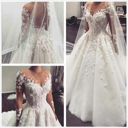 Elegant Lace A Line Wedding Dresses Arabic Sheer Long Sleeves Tulle Applique 3D Floral Beaded Sweep Train Bridal Wedding Gowns Wit247b