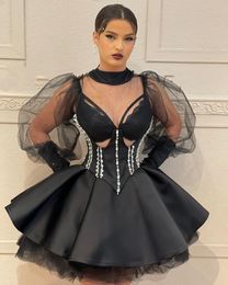 2023 Black Ball Gown Graduation Dress Long Sleeves Satin Short Mini Homecoming Party Formal Cocktail Prom Bridesmaid Gowns Dresses ZJ416