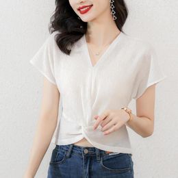 Women's T Shirts Chic Folds Short Shirt Women V-Neck Slim Tshirt Sleeve T-shirts Female Casual Elasticity Tee White Tops