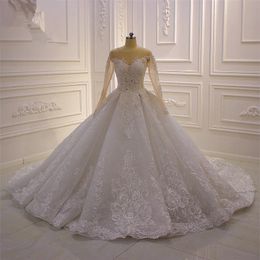 Luxury 2020 Ball Gown Wedding Dresses Long Sleeves Lace Appliqued Sheer Bridal Dresses Beaded Sequins Plus Size Wedding Gowns robe326B