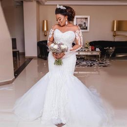 Luxury Arabic Dubai Beaded Mermaid Wedding Dresses 2020 African Long Sleeve Appliques Pearls Wedding Bridal Gowns Plus Size Vestid307m