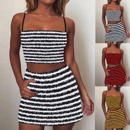 Work Dresses Fluffy Striped 2 Piece Dress Sets Mini Pencil Skirts Summer Casual Suits Streetwear Women Sexy Spaghetti Straps Crop Top