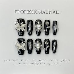 False Nails Handmade Black Coffin Press on Nails with Design Reusable Adhesive Y2K False Nails Artifical Acrylic Nail Tip Nail Art Manicure 230619