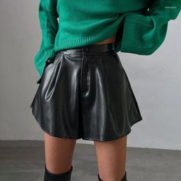 Women's Shorts PU Leather Women Summer Loose Wide Leg High Waist Pleated Female Vintage Y2K Button Pocket Black