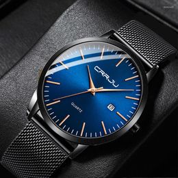 Wristwatches CRRJU Fashion Mens Slim Watches Ultra Thin Cool Quartz Watch Men Date Mesh Strap Waterproof Dress Black Relogio Masculino