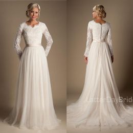 A-line Beaded Lace Tulle Modest Wedding Dresses With Long Sleeves Scalloped Neck Buttons Up Back Full Sleeves Long country Bridal 229h