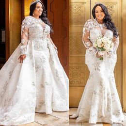 Wholes- Vintage Plus Size African Mermaid Lace Wedding Dresses 2019 Detachable Skirt Long Sleeve Country Vestido de novia Brid285g