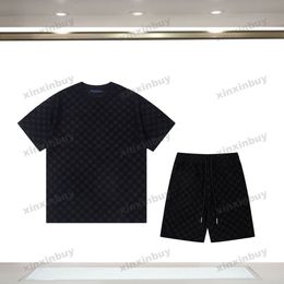 xinxinbuy Men designer Tee t shirt 23ss plaid Jacquard towel fabric sets short sleeve cotton women white black yellow XS-2XL