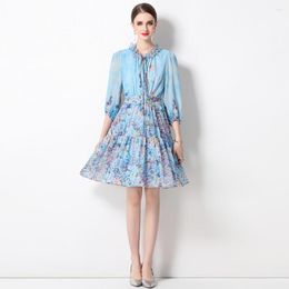 Casual Dresses Runway Pink Blue Floral Mini Dress Women Stand Collar Long Lantern Sleeve Flower Print Chiffon Holiday Ruched Short M6668