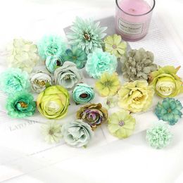 Dried Flowers Green Rose Artificial Heads Silk Fake for Home Decor Marriage Wedding Decoration DIY Craft Wreath Gift Accessory