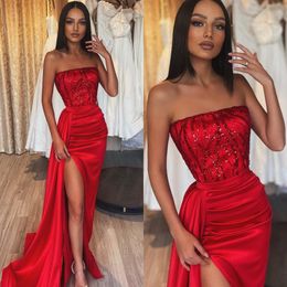 Elegant Red Prom Dresses Strapless Sequins Party Evening Gowns Backless Split Formal Long Special Occasion dress