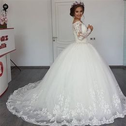 Elegant Ball Gown Off the Shoulder Wedding Dresses vestidos de novia Modest Long Sleeve Appliqued Tulle Bride Dress308Y