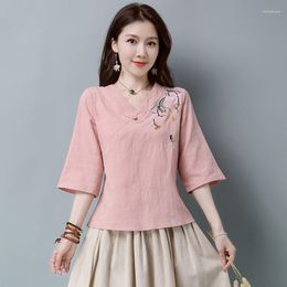 Ethnic Clothing Cotton Linen Traditional Chinese Cheongsam Top Embroidery Ladies Tops Summer T Shirt Style Women KK3961