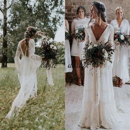 Boho Bohemia Full Lace Wedding Dresses Backless Long Sleeves Custom Made Bridal Gowns Vestido De Novia297G