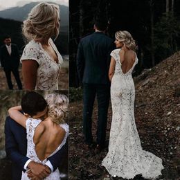Mermaid Bohemian Wedding Dresses 2019 Vintage Crochet Lace Cap Sleeve Backless Full length Country V-neck Trumpet Bridal Gowns239w
