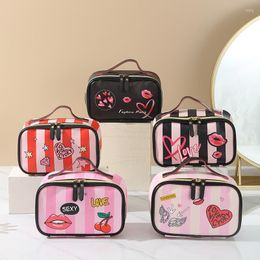 Cosmetic Bags PU Leather Women Fashion Striped Heart Toiletries Organiser Bag Female Large Capacity Waterproof Makeup Pouches