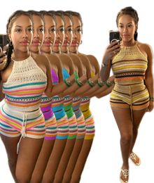 2023 Beach Two Piece Sets Women Sexy Halter Vest and Shorts Set Hallow Out Outfits Free Ship