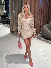 Casual Dresses Hirigin Women Sexy PU Leather Bodycon Wrapped Dress Long Sleeve Off Shoulder V Neck Mini Party Clubwear Gown