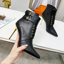 Women Ankle Boots Fashion Genuine Leather Pointed Toe Lace Up Party Dress Boot Runway outfit Super High Heels Pumps Short Boots