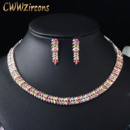 Pins Brooches CWWZircons Marquise Cut Colourful Cubic Zirconia Stones Bridal Round Choker Necklace Earring Set for Women Wedding Jewellery T074 230619