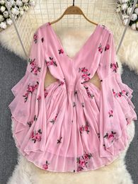 Casual Dresses Women V-neck Embroidered Floral Flared Sleeve A-line Spring Autumn Fashion Sexy High Waist Printed Chiffon Dress