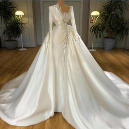 Gorgeous Wedding Dresses With Detachable Train Satin Pearls Sweep Train Mermaid Bridal Gowns Long Sleeve Marriage Dress Robe De Ma284K