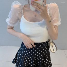 Women's T Shirts Korean Women Summer Knitted Cropped Tops 2023 Vintage Puff Sleeve Mesh Patchwork T-Shirts Elegant Casual Square Collar