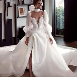 Gorgeous White Ivory Princess Long Wedding Dresses Bridal Gowns A Line Sheer High Neck Puff Full Sleeves Split Lace Bride Dress Cu3157