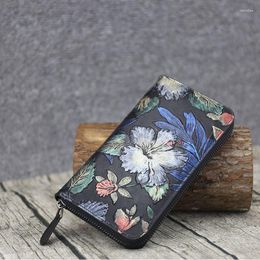 Wallets Luxury Genuine Leather Women Wallet Fashion Flower Print Real Cow Purse Multi-function Zipper Handmade