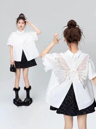 Women's Blouses Korean Chic Summer Blouse Women Backless Iris Japonica White Short Sleeve Shirt Design Spliced Mesh Sheer Loose Top Female