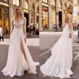 2022 Berta Beach Wedding Dresses V Neck Long Sleeves Lumbar Lace Bridal Gown Backless High Split Ruffle Sweep Train Robes De Marie2716