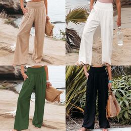 Ladies Long Pants Cotton Linen Female Baggy Trousers Loose Waist Pleated with Pocket Solid Colour S-XL Summer