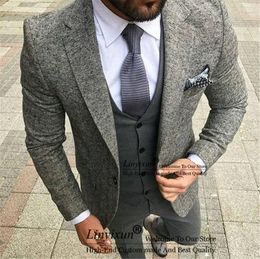 Men's Suits Fashion Grey Wedding For Men 3 Pieces Business Blazer Sets Notched Lapel Smoking Groom Tuxedos Slim Fit Costume Homme