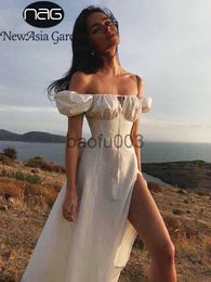 Casual Dresses NewAsia Puff Sleeve White Dress Off Shoulder Cut out Tie up Side Split Ruched Long Dress robe femme Summer Dress for Women 2022 J230619