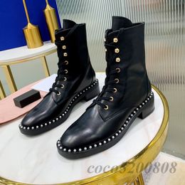 Women Ankle Boots Fashion Black Genuine Leather Round Toe Lace Up Short Boots Runway Preal Outfit Combat Booties Autumn Winter