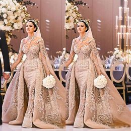 Arabic Luxury Beadings Mermaid Wedding Dresses 2020 High Neck Long Sleeve illusion Detachable Train Abendkleider Bridal Gowns315r