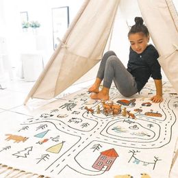 Play Mats Nordic Home Children children canvas graffiti tassel crawling game mat baby crawling carpet doll house decoration carpet 230619